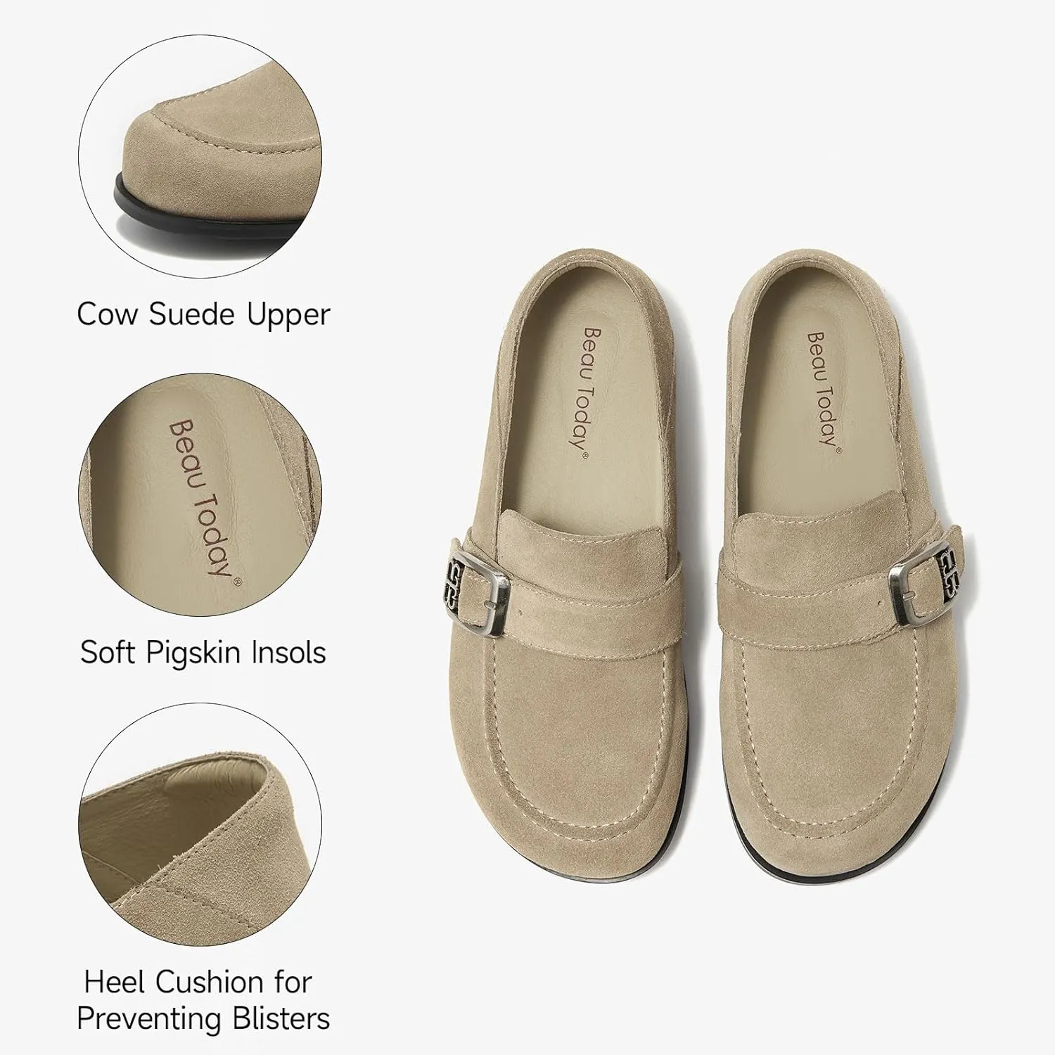 BEAU TODAY Suede Leather Loafers Women, Women’s Slip On Wide Width Loafers Flats Shoes, Footbed Comfortable Casual Dress Potato Shoes with Arch Support and Adjustable Buckle