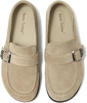 BEAU TODAY Suede Leather Loafers Women, Women’s Slip On Wide Width Loafers Flats Shoes, Footbed Comfortable Casual Dress Potato Shoes with Arch Support and Adjustable Buckle