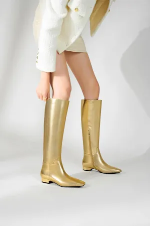 Beauty Cry Square Toe Flat Knee High Boots for Women Metallic Chunky Low Heel Leather Riding Boots With Side Zipper