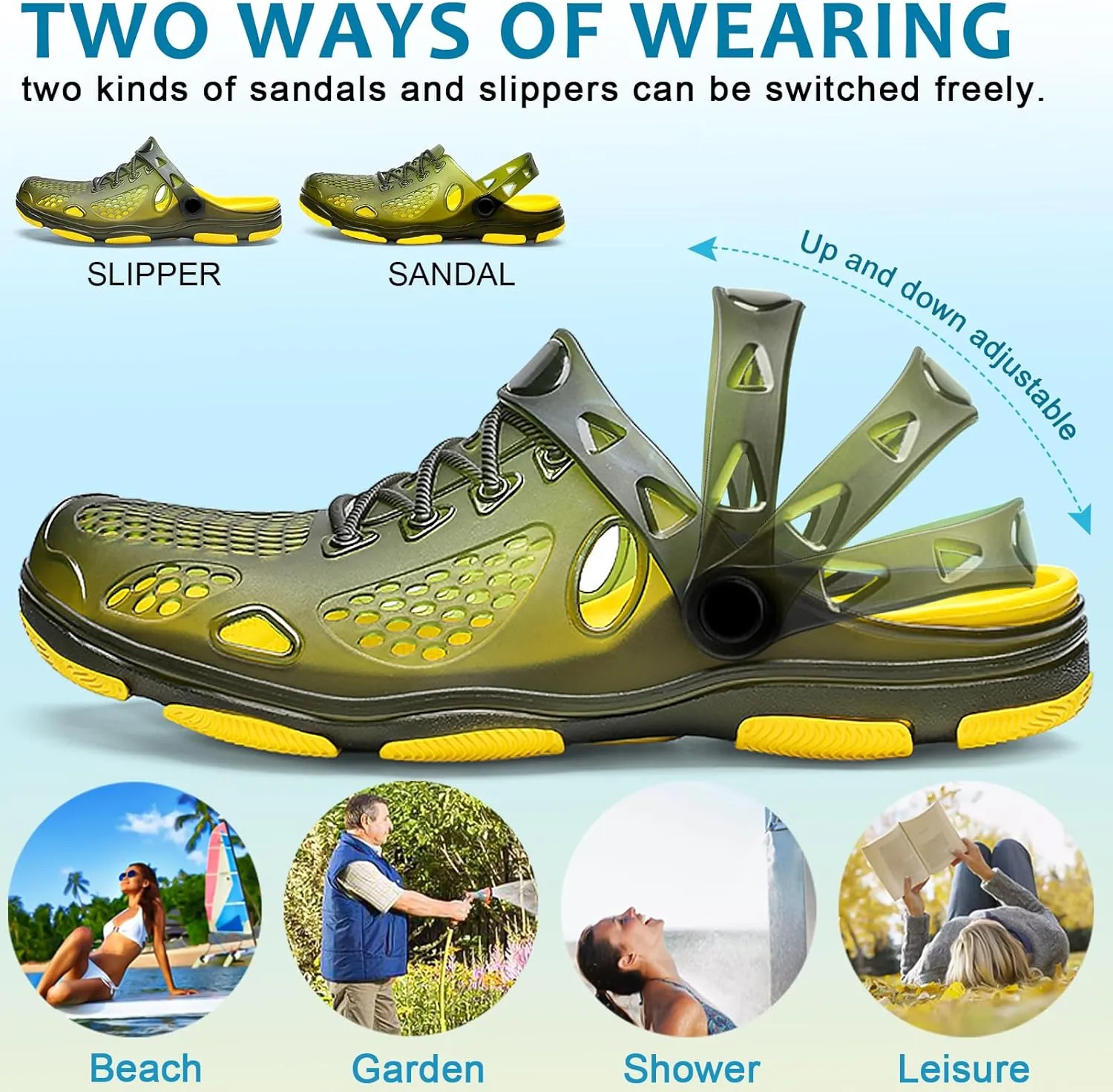 beister Mens Clogs Non Slip Water Shoes with Adjustable Strap, Lightweight Slip on Mules Garden