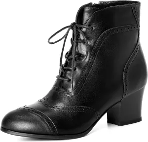 Black Short Ankle Boots Lace Up Booties for Women Side Zipper Victorian Boots Block Chunky Mid Heel