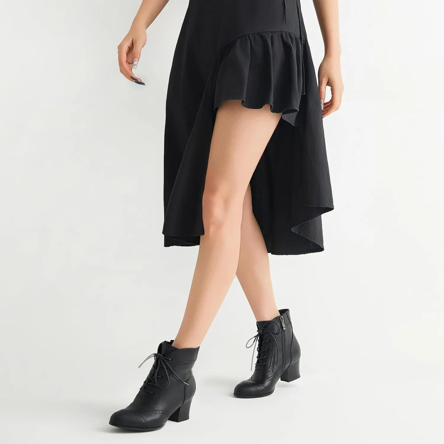 Black Short Ankle Boots Lace Up Booties for Women Side Zipper Victorian Boots Block Chunky Mid Heel
