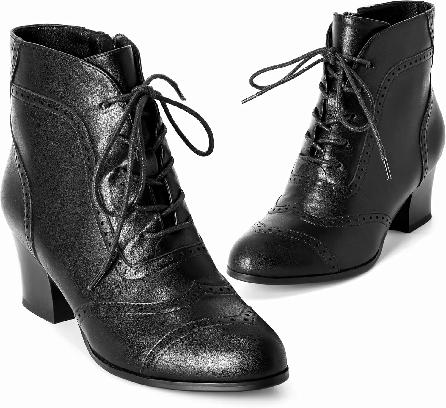Black Short Ankle Boots Lace Up Booties for Women Side Zipper Victorian Boots Block Chunky Mid Heel
