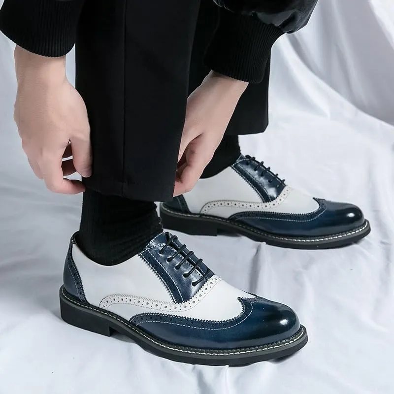 Blue White Two Tone Patchwork Loafers Shoes, British Trendy Dress Shoes, Luxury Genuine Leather Brogue, Soft Leather Lace-up Oxfords