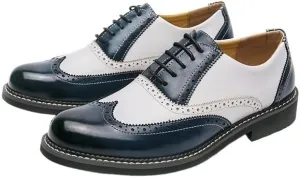 Blue White Two Tone Patchwork Loafers Shoes, British Trendy Dress Shoes, Luxury Genuine Leather Brogue, Soft Leather Lace-up Oxfords