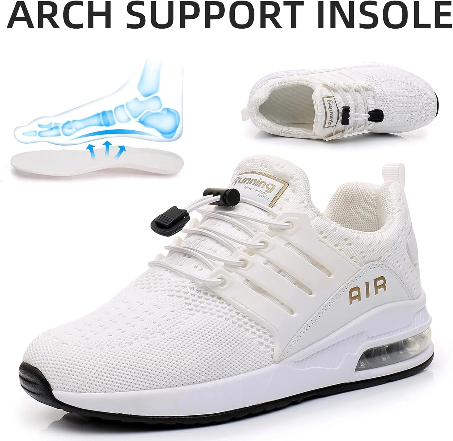 BOGOVER Womens Lightweight Air Running Shoes, Breathable Gym Jogging Running Tennis Sneakers with Air Cushion,No Tie