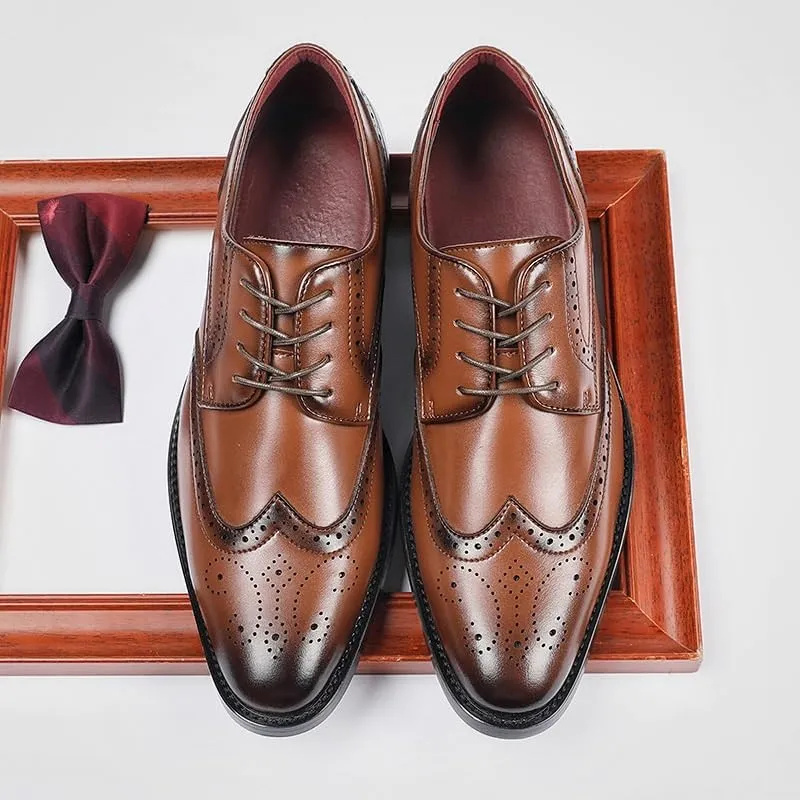 Britain Retro Men Pointed Shoes, Brown Slip On Oxfords Leather Shoes, Casual Dress Loafers, Lace-up Formal Moccasins, Print Casual Brogue