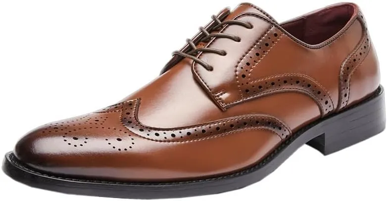 Britain Retro Men Pointed Shoes, Brown Slip On Oxfords Leather Shoes, Casual Dress Loafers, Lace-up Formal Moccasins, Print Casual Brogue