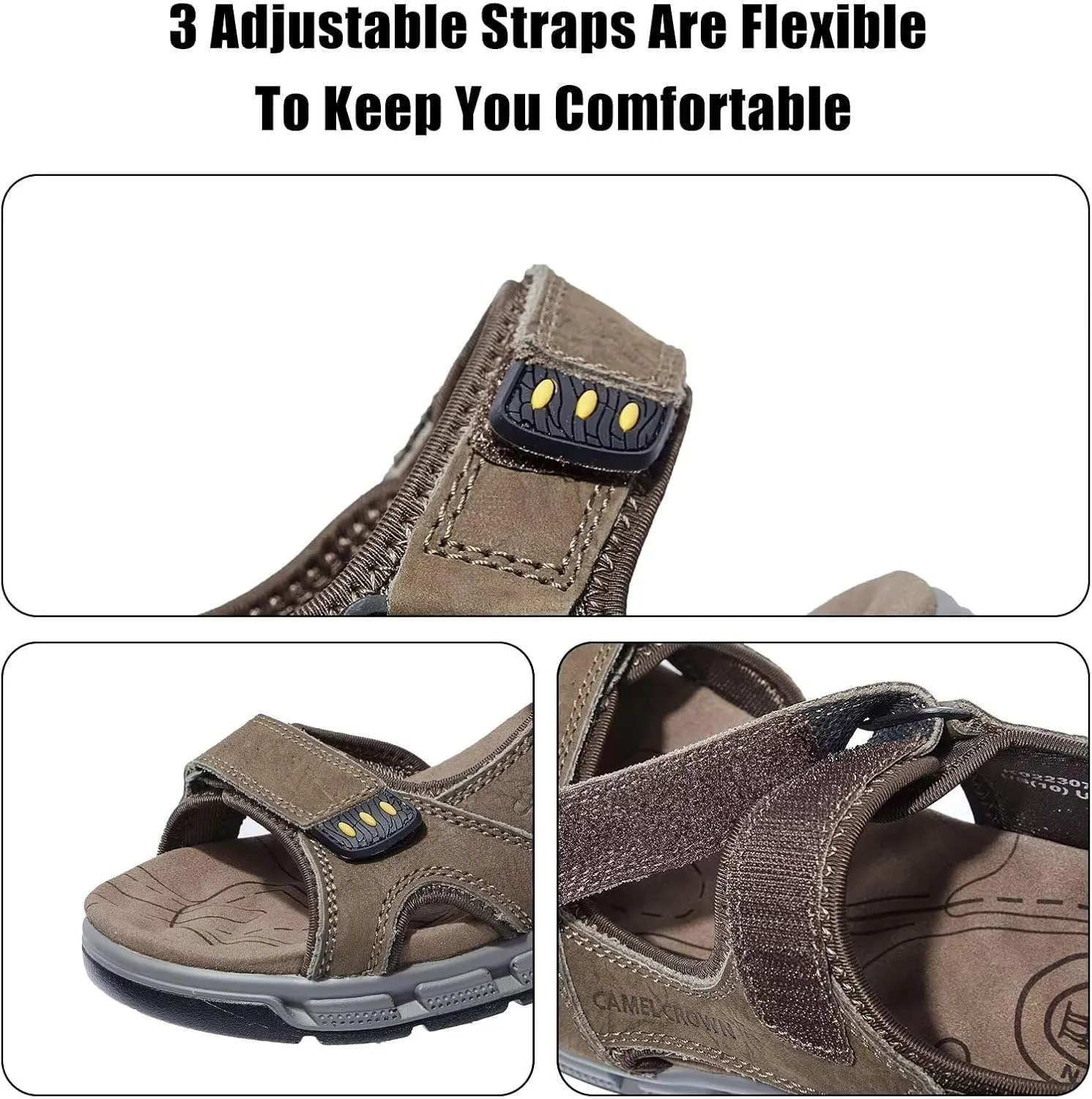 CAMEL CROWN Men's Leather Sandals Hiking Athletic Non-slip Sandals For Man Soft Cushion Open Toes Walking Beach Water Fisherman Sandal