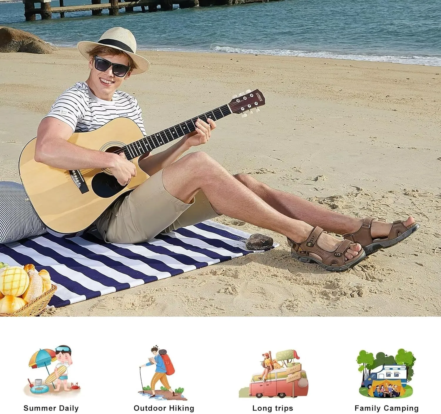 CAMEL CROWN Men's Leather Sandals Hiking Athletic Non-slip Sandals For Man Soft Cushion Open Toes Walking Beach Water Fisherman Sandal