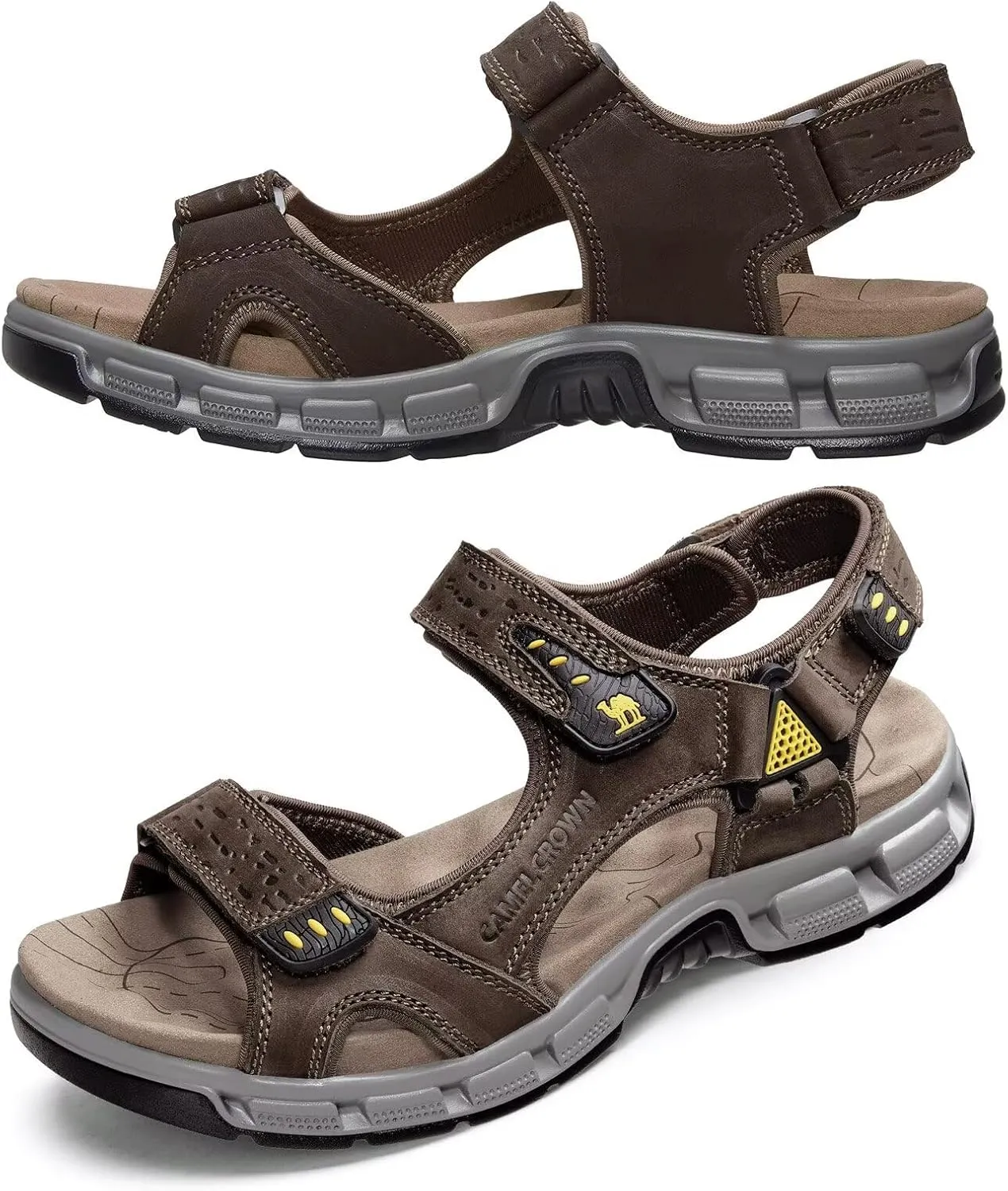CAMEL CROWN Men's Leather Sandals Hiking Athletic Non-slip Sandals For Man Soft Cushion Open Toes Walking Beach Water Fisherman Sandal