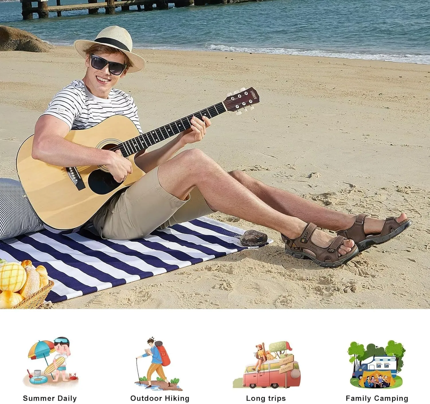 CAMEL CROWN Men's Leather Sandals Hiking Athletic Non-slip Sandals For Man Soft Cushion Open Toes Walking Beach Water Fisherman Sandal