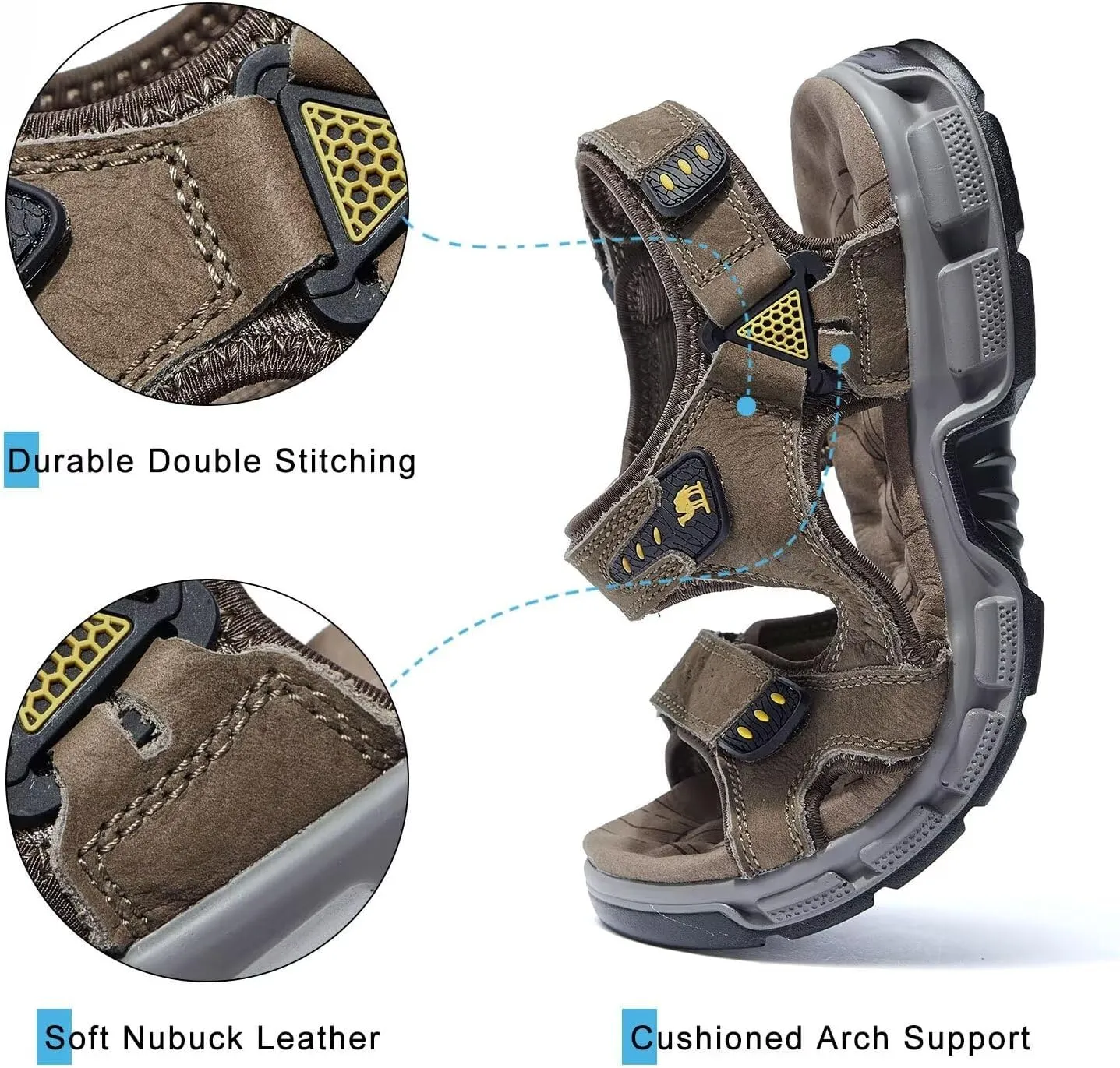 CAMEL CROWN Men's Leather Sandals Hiking Athletic Non-slip Sandals For Man Soft Cushion Open Toes Walking Beach Water Fisherman Sandal