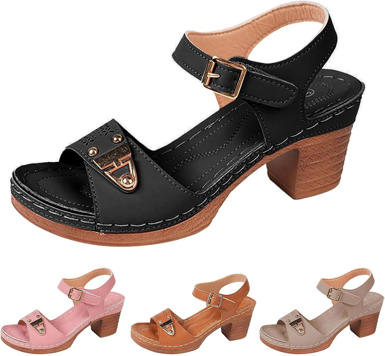 Canbebig Block Heels for Women Adjustable Ankle Strap Open Toe Sandals Comfy Orthopedic Beach Sandles Plus Size Dressy Summer Sandals Fashion