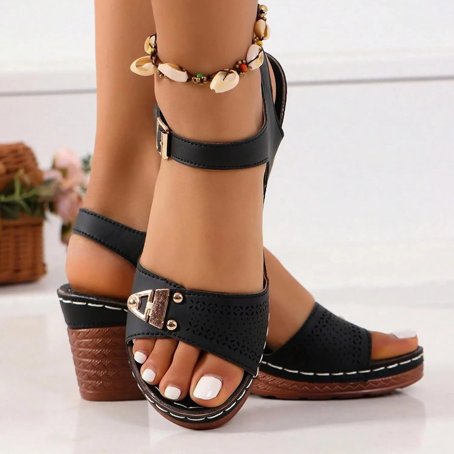 Canbebig Block Heels for Women Adjustable Ankle Strap Open Toe Sandals Comfy Orthopedic Beach Sandles Plus Size Dressy Summer Sandals Fashion