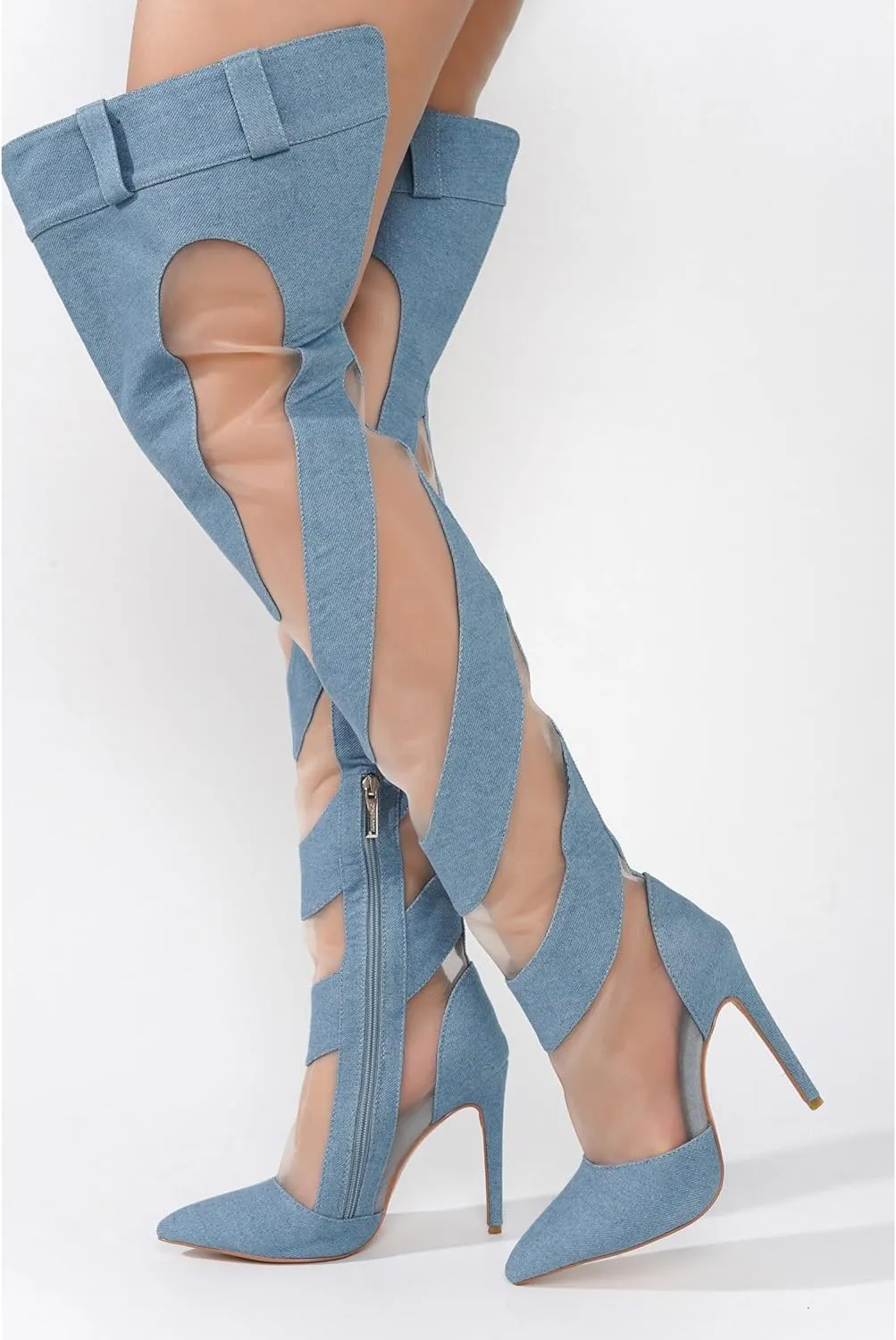 Cape Robbin Mesh Denim Thigh High Boots for Women - Over Knee Boots - Blue Thigh High Boots (Mandali)