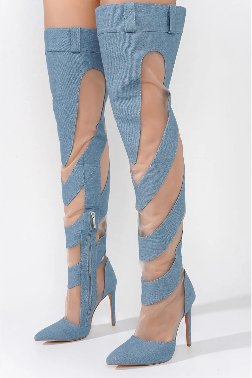 Cape Robbin Mesh Denim Thigh High Boots for Women - Over Knee Boots - Blue Thigh High Boots (Mandali)