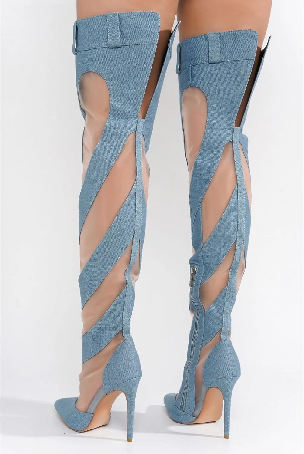 Cape Robbin Mesh Denim Thigh High Boots for Women - Over Knee Boots - Blue Thigh High Boots (Mandali)