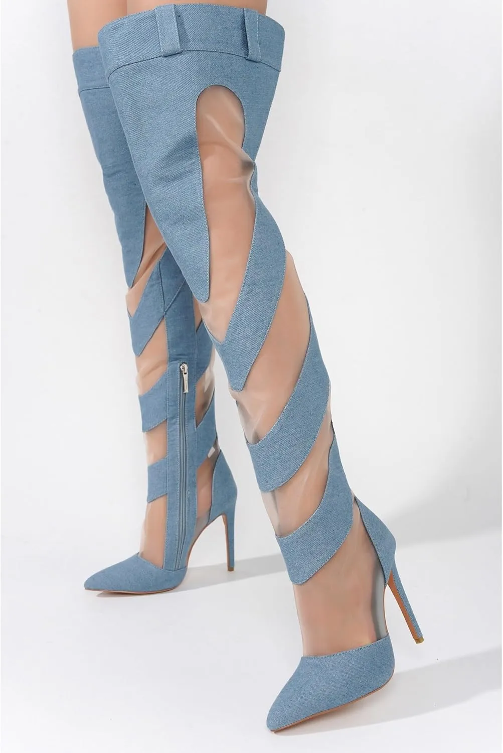 Cape Robbin Mesh Denim Thigh High Boots for Women - Over Knee Boots - Blue Thigh High Boots (Mandali)