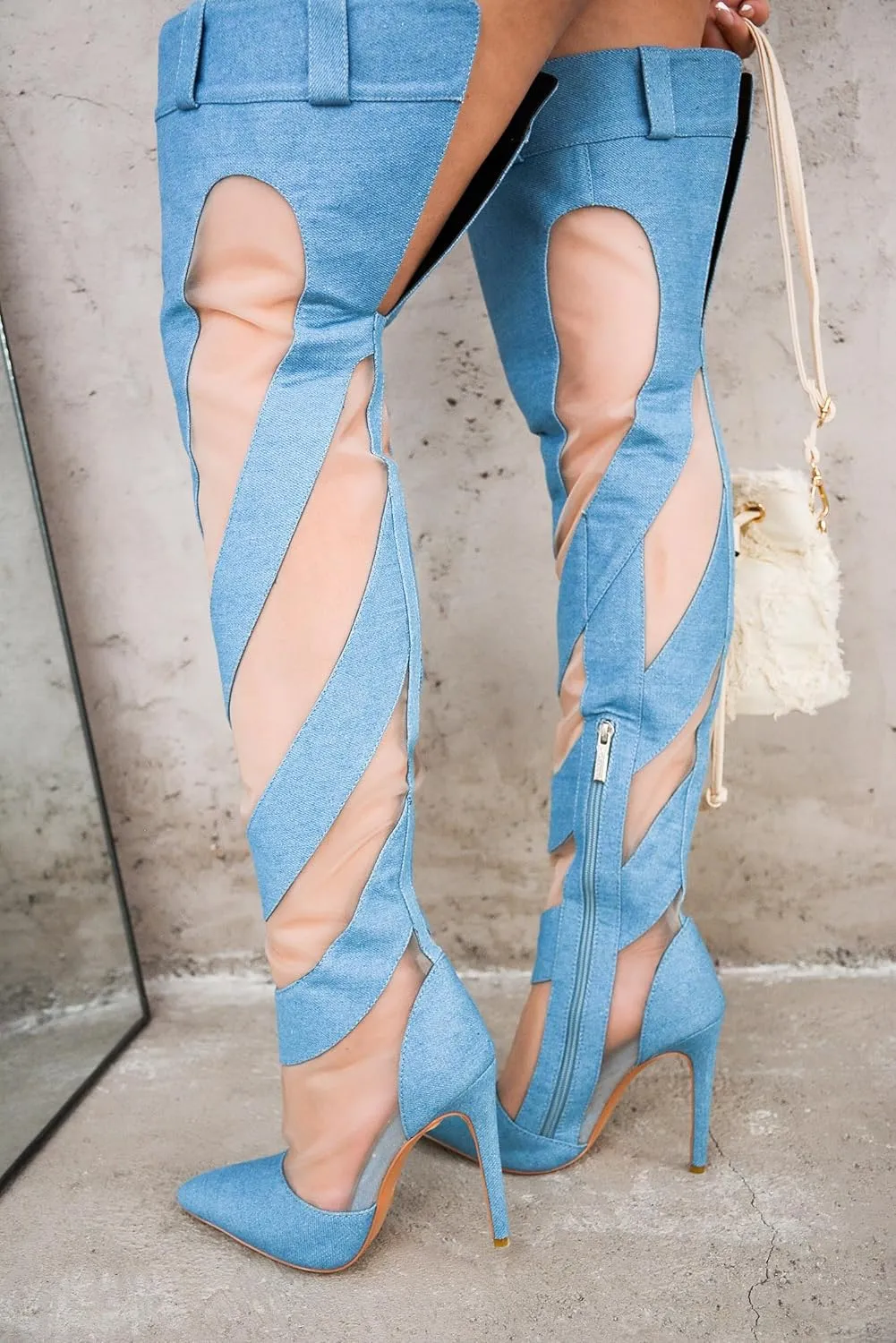 Cape Robbin Mesh Denim Thigh High Boots for Women - Over Knee Boots - Blue Thigh High Boots (Mandali)