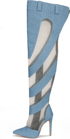 Cape Robbin Mesh Denim Thigh High Boots for Women - Over Knee Boots - Blue Thigh High Boots (Mandali)