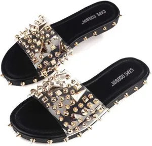 Cape Robbin Pierce The Ultimate Edgy Slides Flat Sandal Gold Studded Mule
