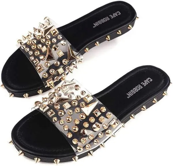 Cape Robbin Pierce The Ultimate Edgy Slides Flat Sandal Gold Studded Mule