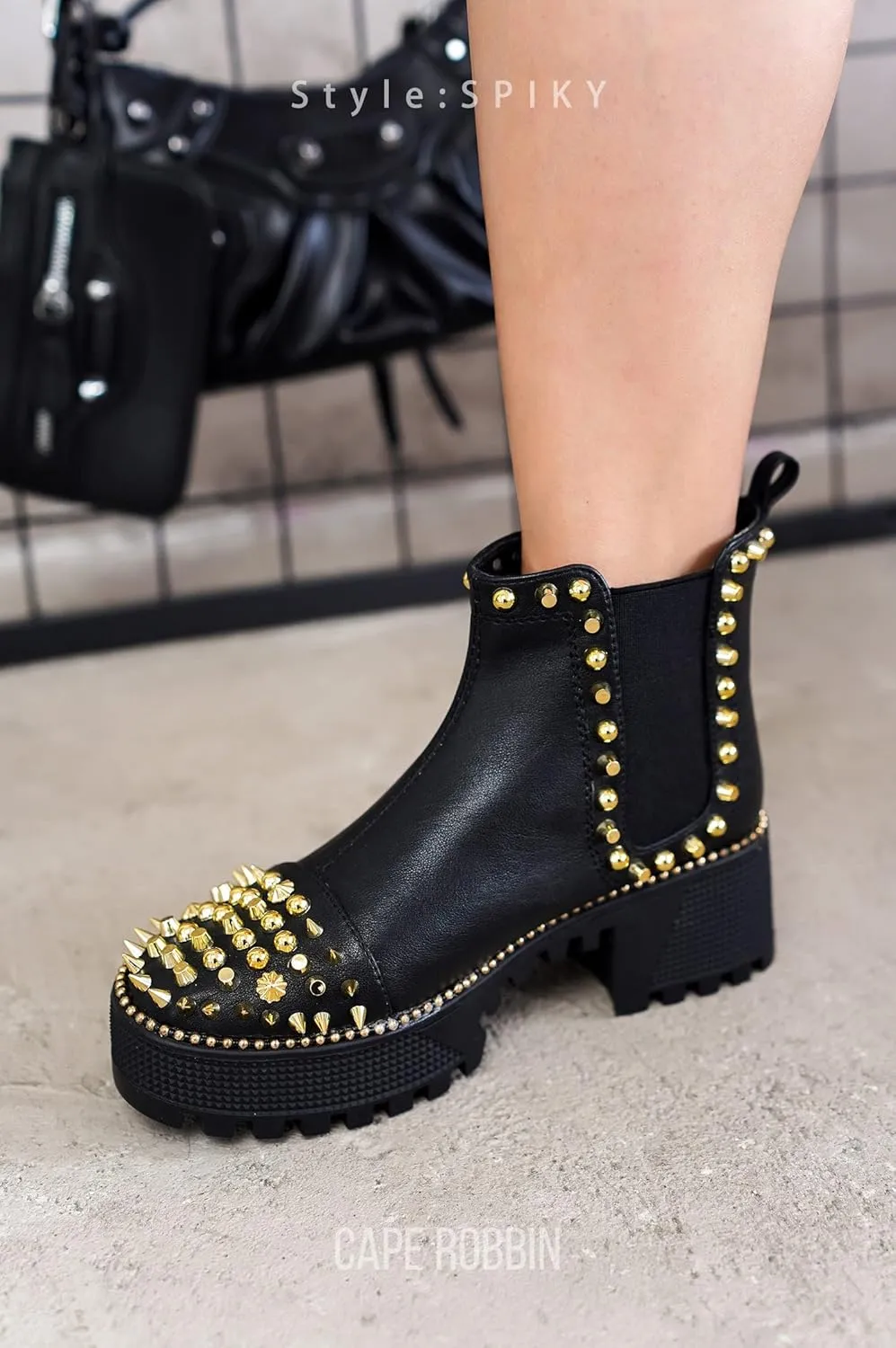 Cape Robbin Women's Platform Combat Ankle Boots - Studded Motorcycle Goth Boots with Spiky Design - Chunky Heel Lace-Up Style (Spiky)