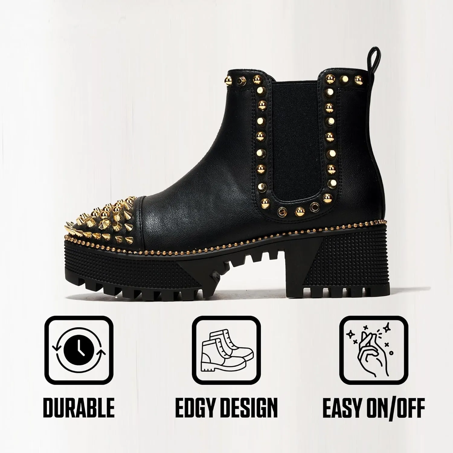 Cape Robbin Women's Platform Combat Ankle Boots - Studded Motorcycle Goth Boots with Spiky Design - Chunky Heel Lace-Up Style (Spiky)