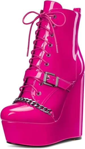 Castamere Womens High Wedge Platform Heel Round Toe Lace-up Zipper Ankle Boots Short Bootie Metal Chain Prom 5.9 Inches Heels