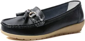 Casual Women's Loafers Flat Metal Buckle Comfortable Lightweight Penny Loafers for Womens Leather Slip-on Outdoor Driving Moccasion Boat Shoes
