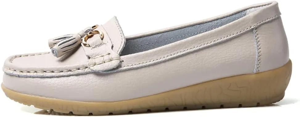 Casual Women's Loafers Flat Metal Buckle Comfortable Lightweight Penny Loafers for Womens Leather Slip-on Outdoor Driving Moccasion Boat Shoes