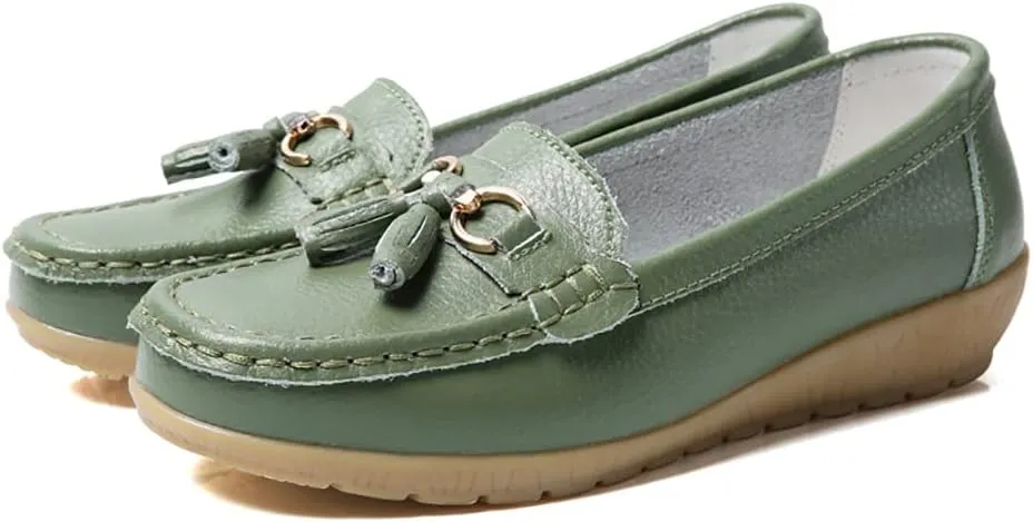 Casual Women's Loafers Flat Metal Buckle Comfortable Lightweight Penny Loafers for Womens Leather Slip-on Outdoor Driving Moccasion Boat Shoes