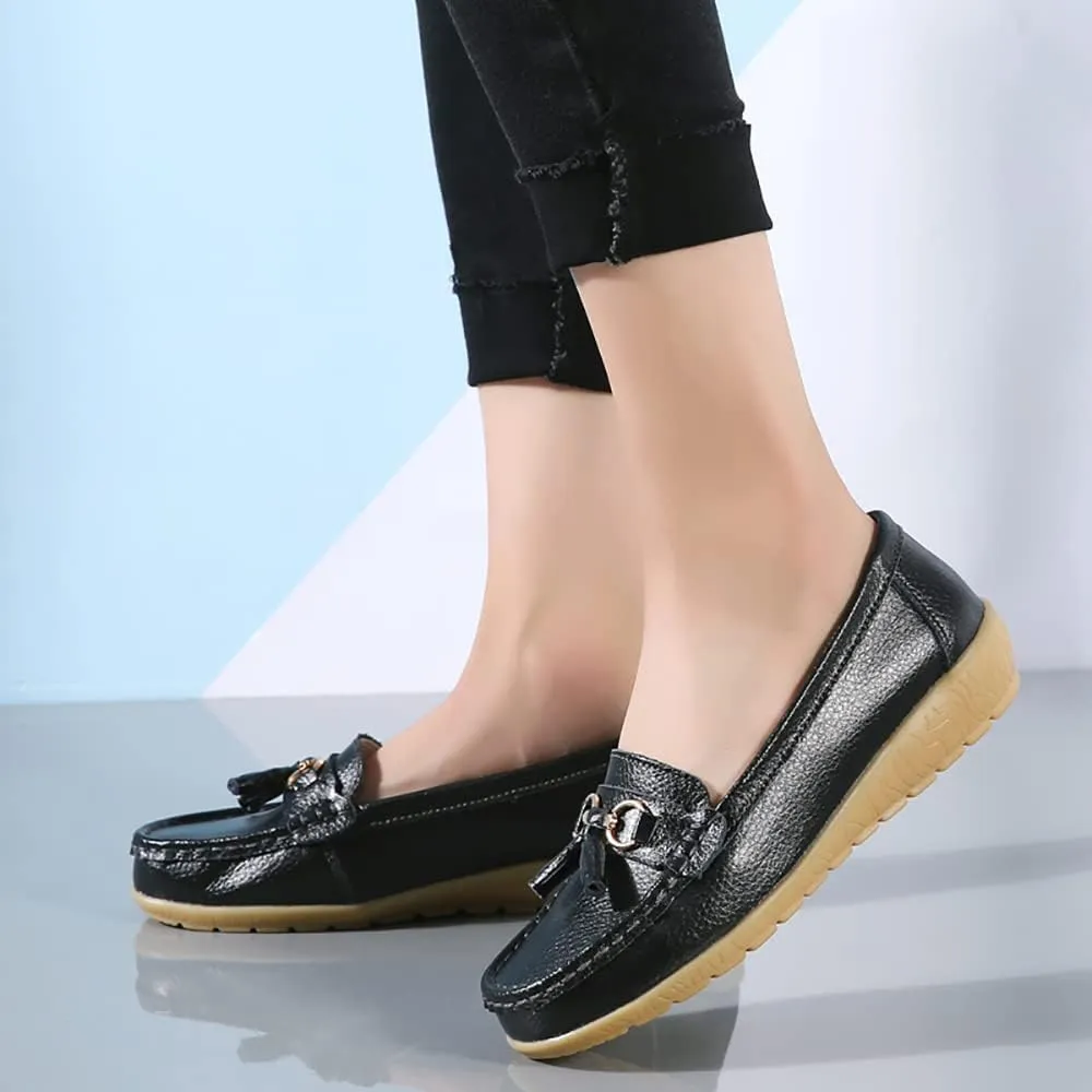 Casual Women's Loafers Flat Metal Buckle Comfortable Lightweight Penny Loafers for Womens Leather Slip-on Outdoor Driving Moccasion Boat Shoes