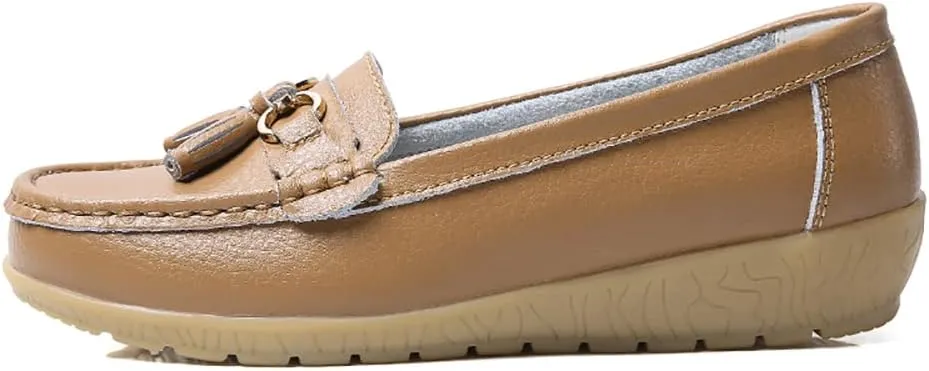 Casual Women's Loafers Flat Metal Buckle Comfortable Lightweight Penny Loafers for Womens Leather Slip-on Outdoor Driving Moccasion Boat Shoes