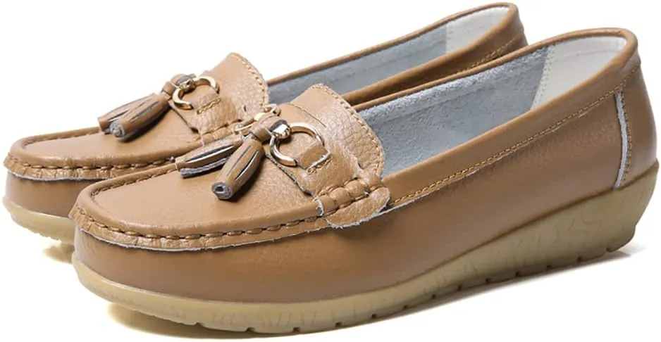 Casual Women's Loafers Flat Metal Buckle Comfortable Lightweight Penny Loafers for Womens Leather Slip-on Outdoor Driving Moccasion Boat Shoes