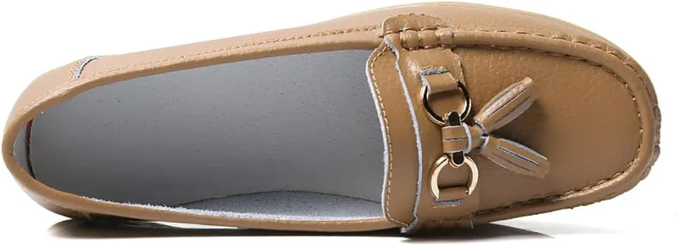 Casual Women's Loafers Flat Metal Buckle Comfortable Lightweight Penny Loafers for Womens Leather Slip-on Outdoor Driving Moccasion Boat Shoes