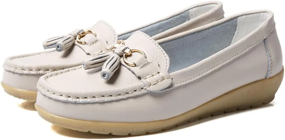 Casual Women's Loafers Flat Metal Buckle Comfortable Lightweight Penny Loafers for Womens Leather Slip-on Outdoor Driving Moccasion Boat Shoes