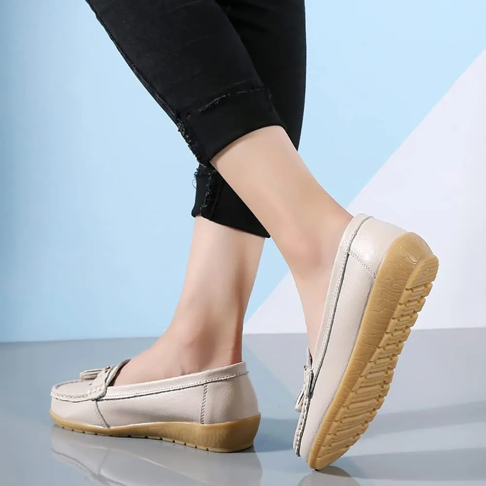 Casual Women's Loafers Flat Metal Buckle Comfortable Lightweight Penny Loafers for Womens Leather Slip-on Outdoor Driving Moccasion Boat Shoes