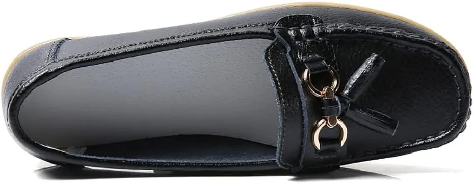 Casual Women's Loafers Flat Metal Buckle Comfortable Lightweight Penny Loafers for Womens Leather Slip-on Outdoor Driving Moccasion Boat Shoes