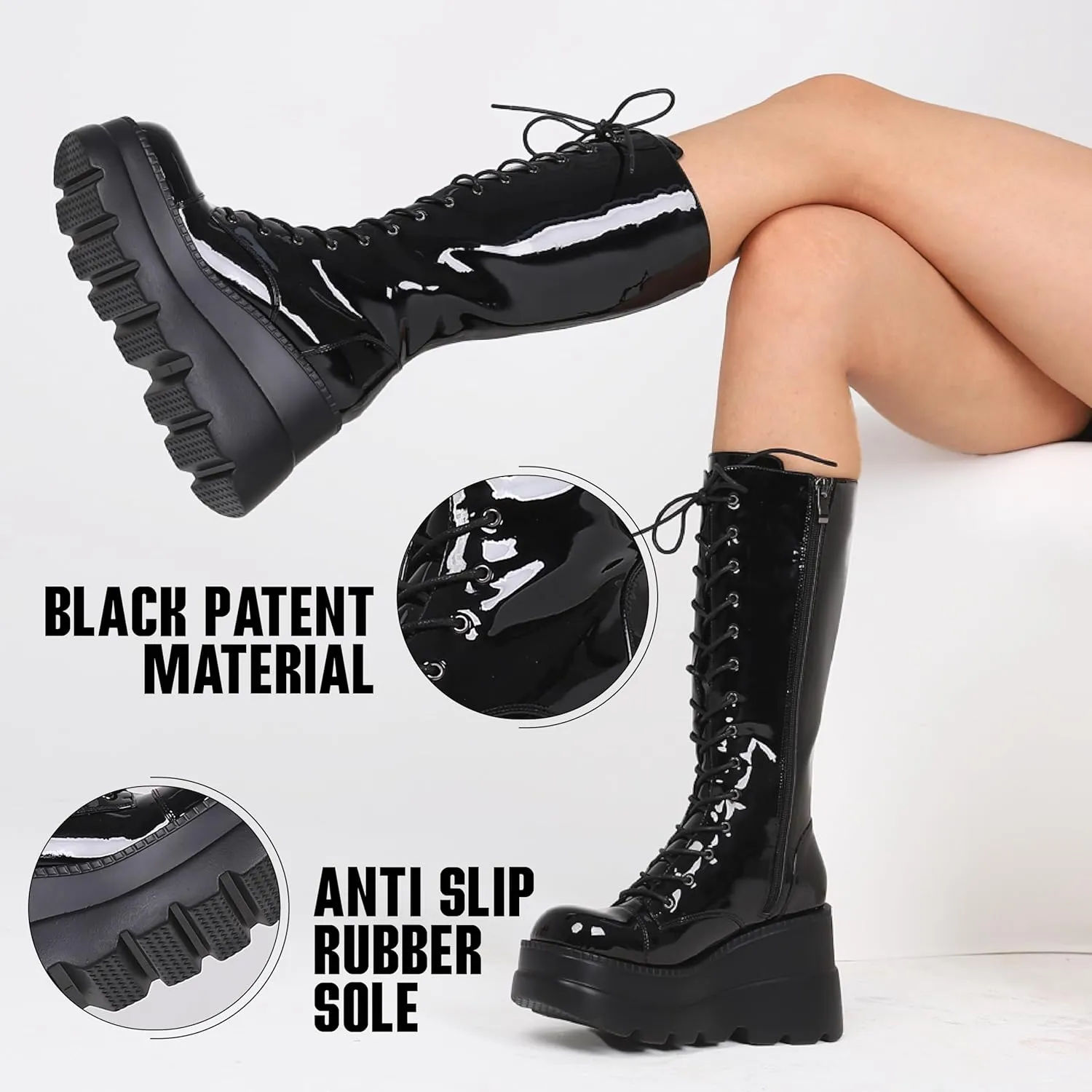 CELNEPHO Womens High Platform Mid Calf Wedges Chunky High Heel Round-Toe Side Zip Punk Combat Boots For Women