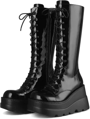 CELNEPHO Womens High Platform Mid Calf Wedges Chunky High Heel Round-Toe Side Zip Punk Combat Boots For Women