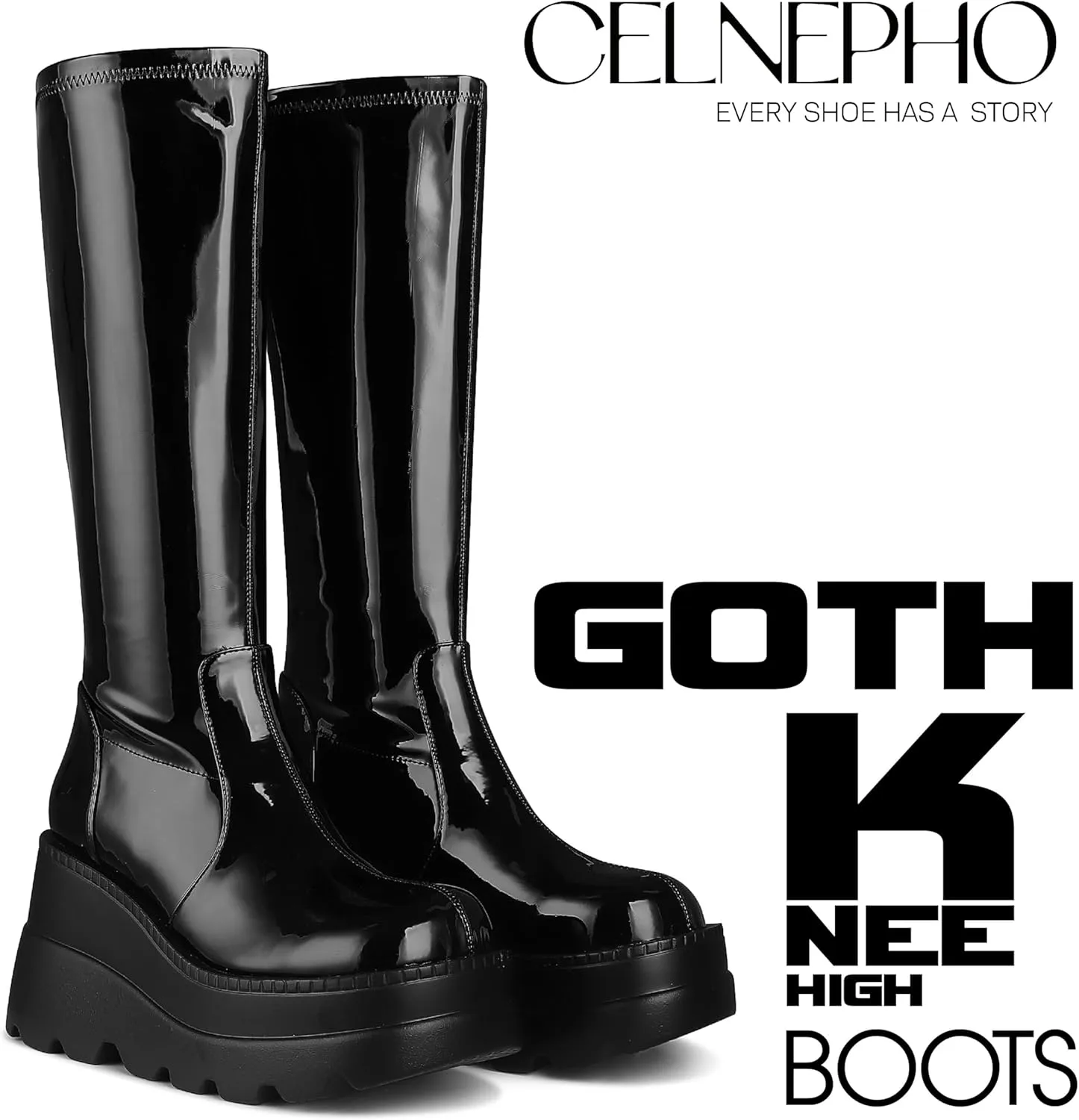 CELNEPHO Womens High Platform Mid Calf Wedges Chunky High Heel Round-Toe Side Zip Punk Combat Boots For Women