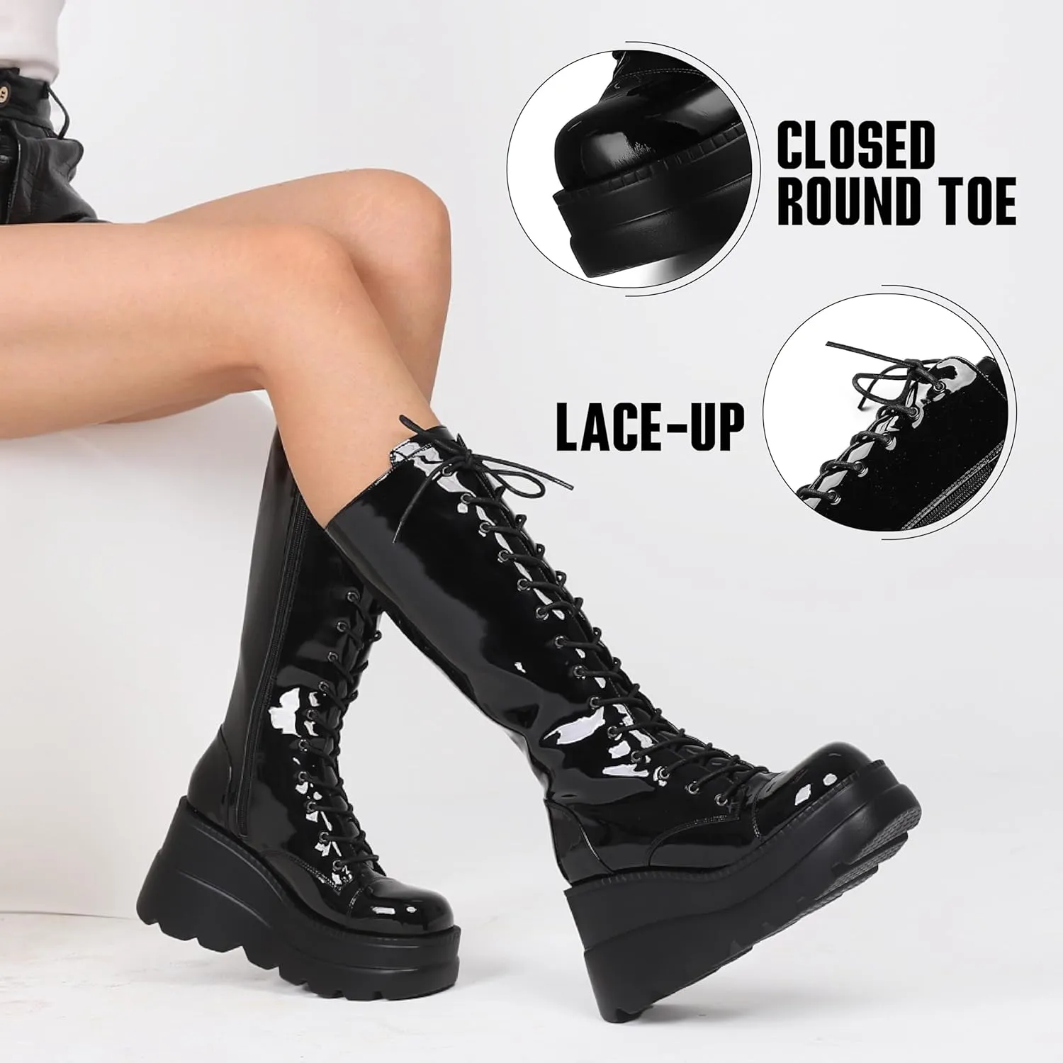 CELNEPHO Womens High Platform Mid Calf Wedges Chunky High Heel Round-Toe Side Zip Punk Combat Boots For Women