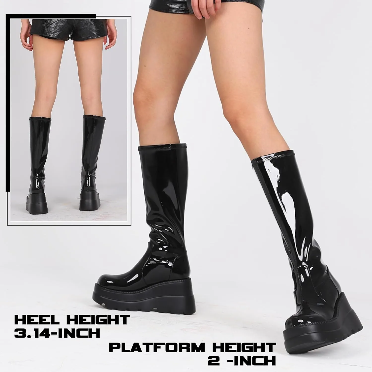 CELNEPHO Womens High Platform Mid Calf Wedges Chunky High Heel Round-Toe Side Zip Punk Combat Boots For Women