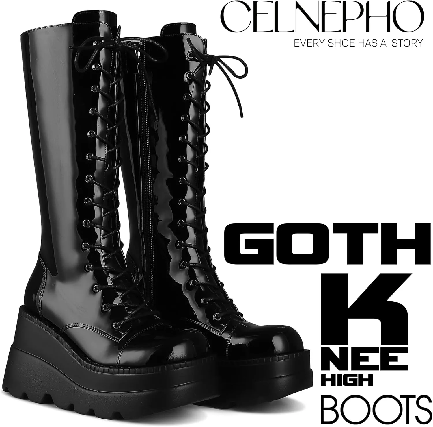 CELNEPHO Womens High Platform Mid Calf Wedges Chunky High Heel Round-Toe Side Zip Punk Combat Boots For Women