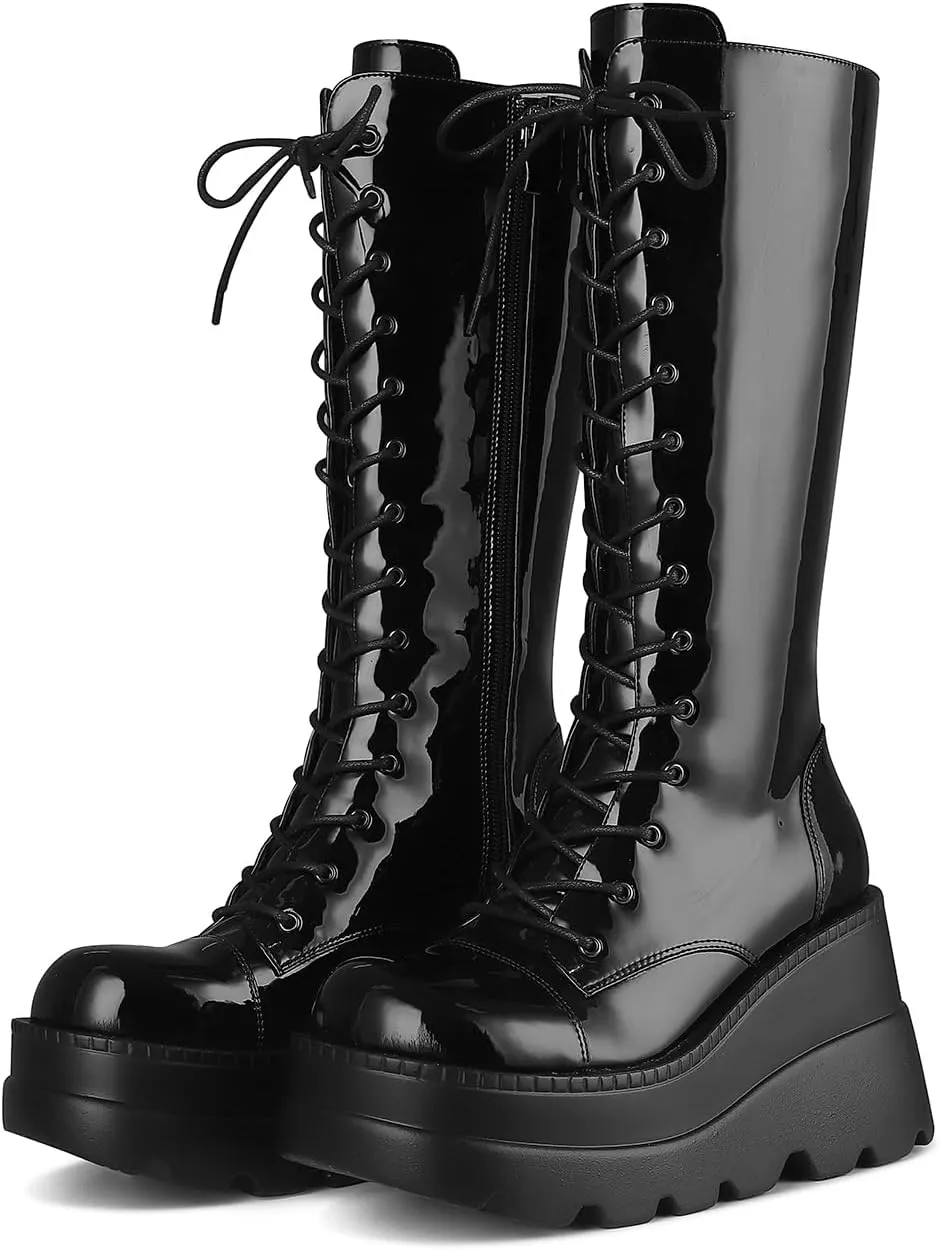 CELNEPHO Womens High Platform Mid Calf Wedges Chunky High Heel Round-Toe Side Zip Punk Combat Boots For Women