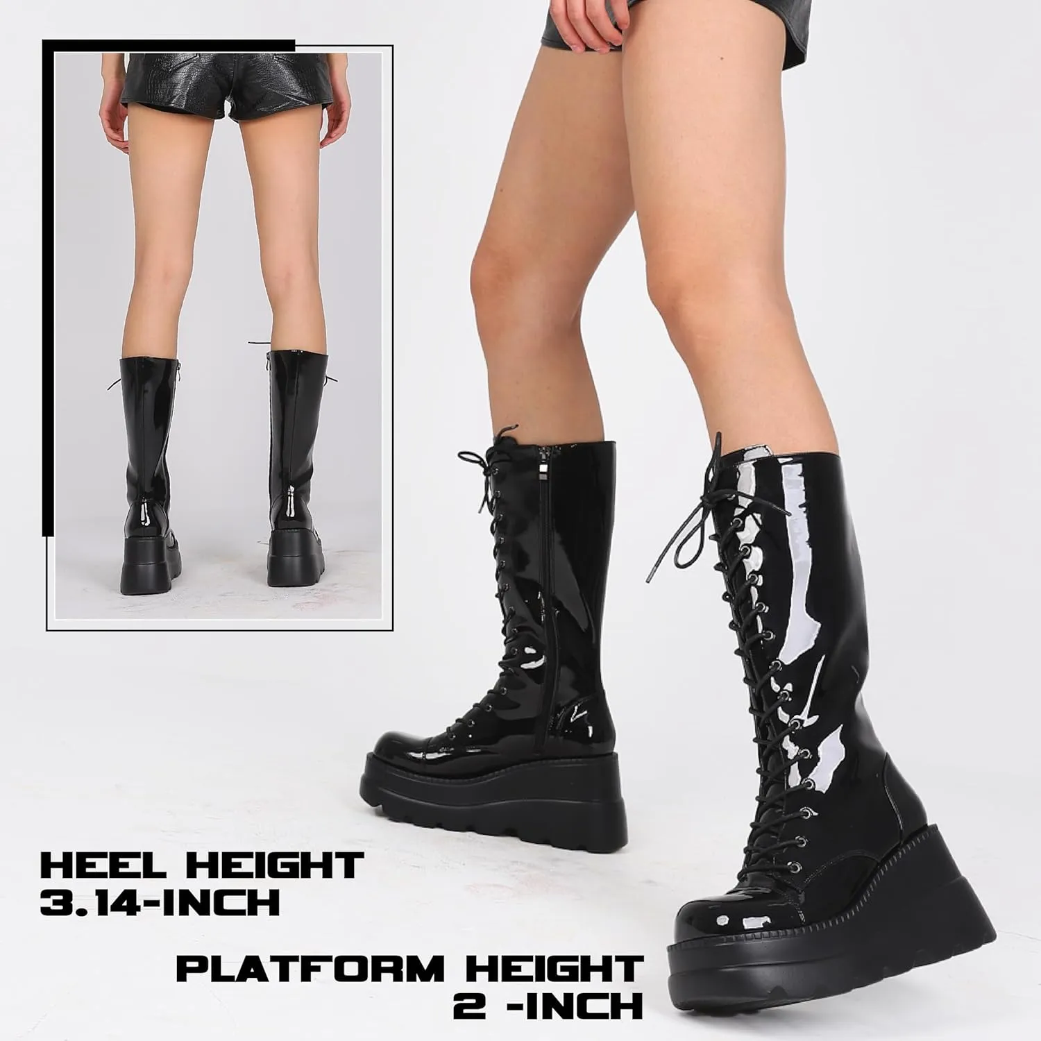 CELNEPHO Womens High Platform Mid Calf Wedges Chunky High Heel Round-Toe Side Zip Punk Combat Boots For Women
