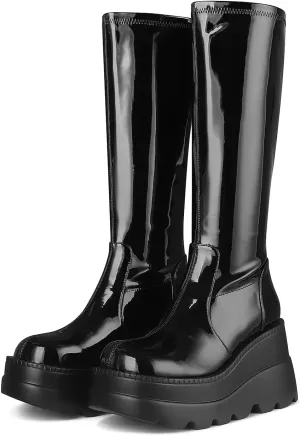 CELNEPHO Womens High Platform Mid Calf Wedges Chunky High Heel Round-Toe Side Zip Punk Combat Boots For Women