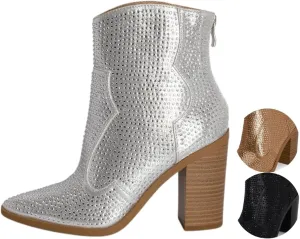 Chariot & Co Wyatt Sparkly Cowgirl Boots for Women – Silver, Gold, Black Western Ankle Booties with Rhinestones – Bedazzled Cowboy Boots 3.25” Heel